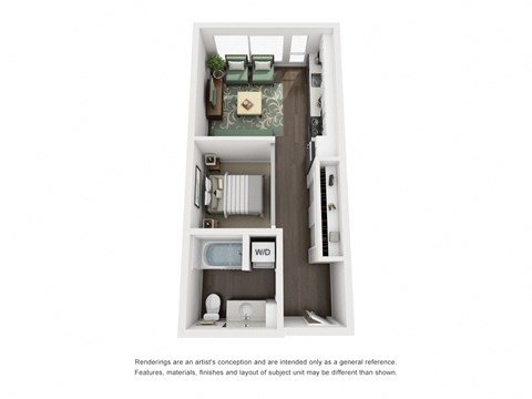 Floor plan for 1 bed, 1 bath, 594 sqft